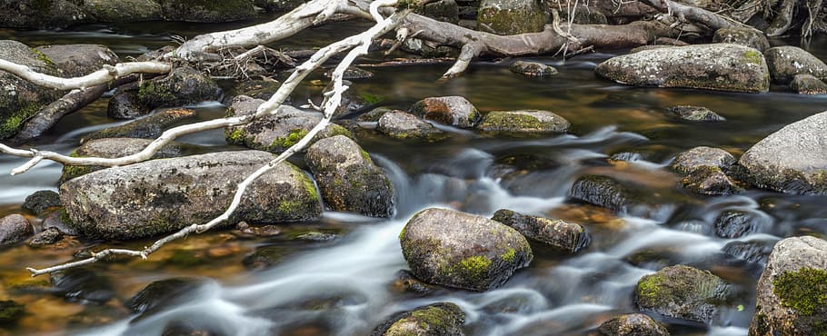 flowing river with scattered rocks, water, moors, stream, ponds HD wallpaper