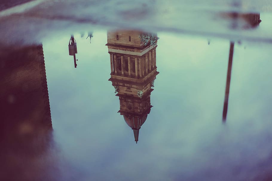 mirror photograph of brown concrete tower, brown concrete tower HD wallpaper
