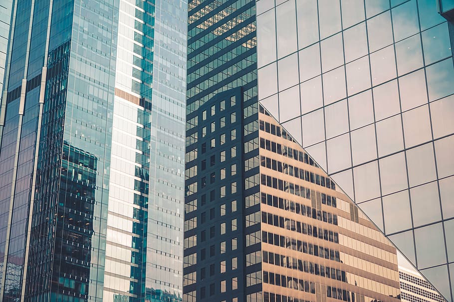 low-angle photography of curtain glass-walled buildings, architecture HD wallpaper