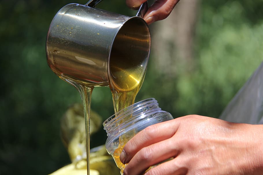 person pouring honey on clear container, cup, beekeepers, human hand