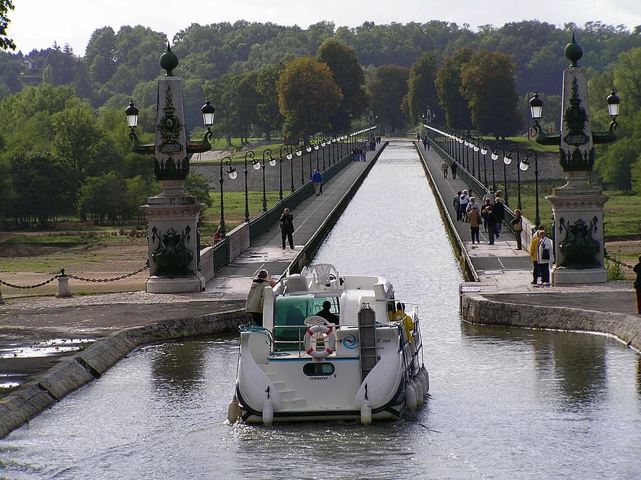 boot, channel, ferry, transport, water channel, france, river bridge HD wallpaper