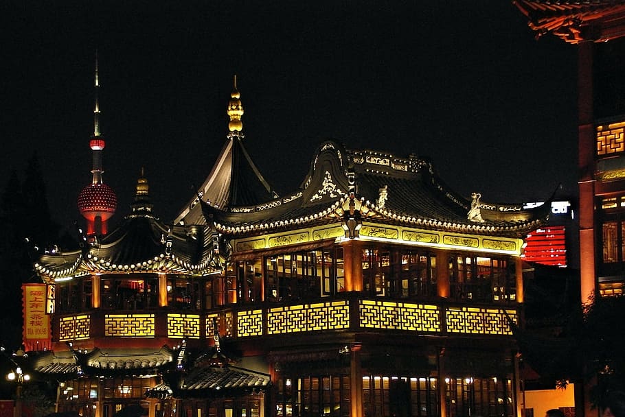 temple during night time, china, shanghai, old town, illumination, HD wallpaper