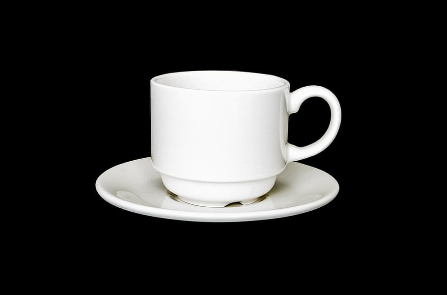 white teacup with saucer against black background, coffee, dishes HD wallpaper