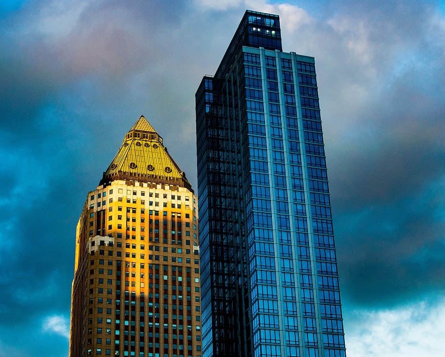 two city building structures, nyc, cloudy sky, manhattan, skyscraper HD wallpaper
