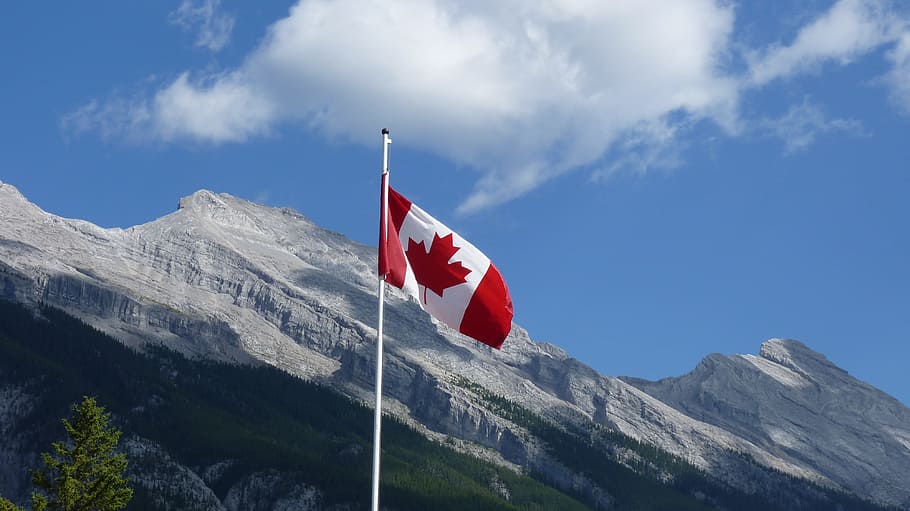 Canadian flag on flag pole, canada, national park, maple, sky