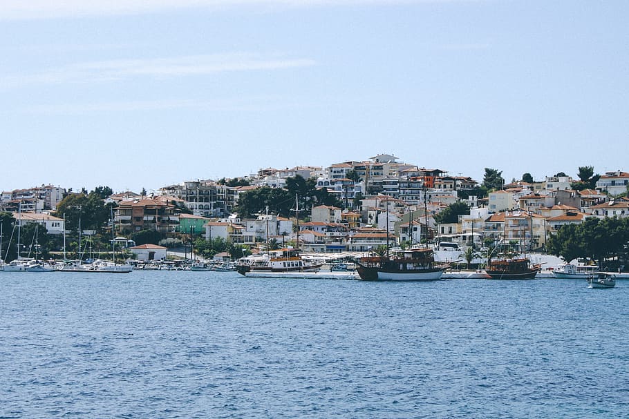 Coastline city in Greece, travel Locations, sea, harbor, nautical Vessel HD wallpaper