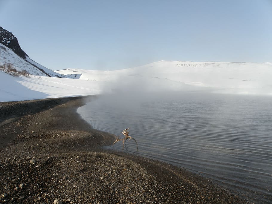 volcano, crater, lake, slopes, circus, hot springs, ice, winter