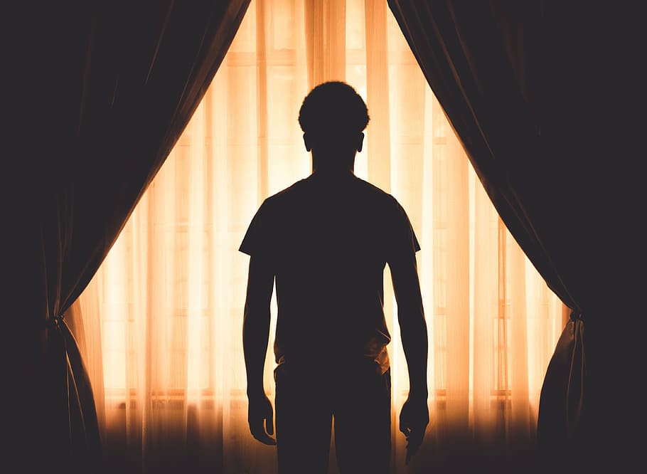 art, back view, backlit, boy, curtains, dark, indoors, light HD wallpaper