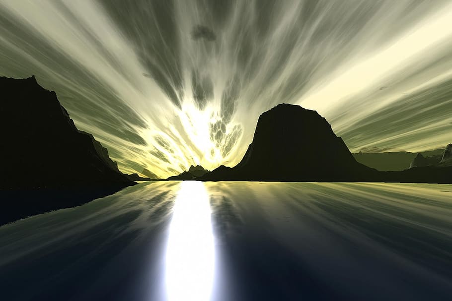 mountain and sea art, nature, sun, bright, shining, graphic HD wallpaper