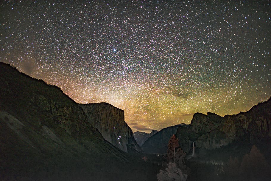 mountain under milkyway, mountains below sky full of stars, night HD wallpaper