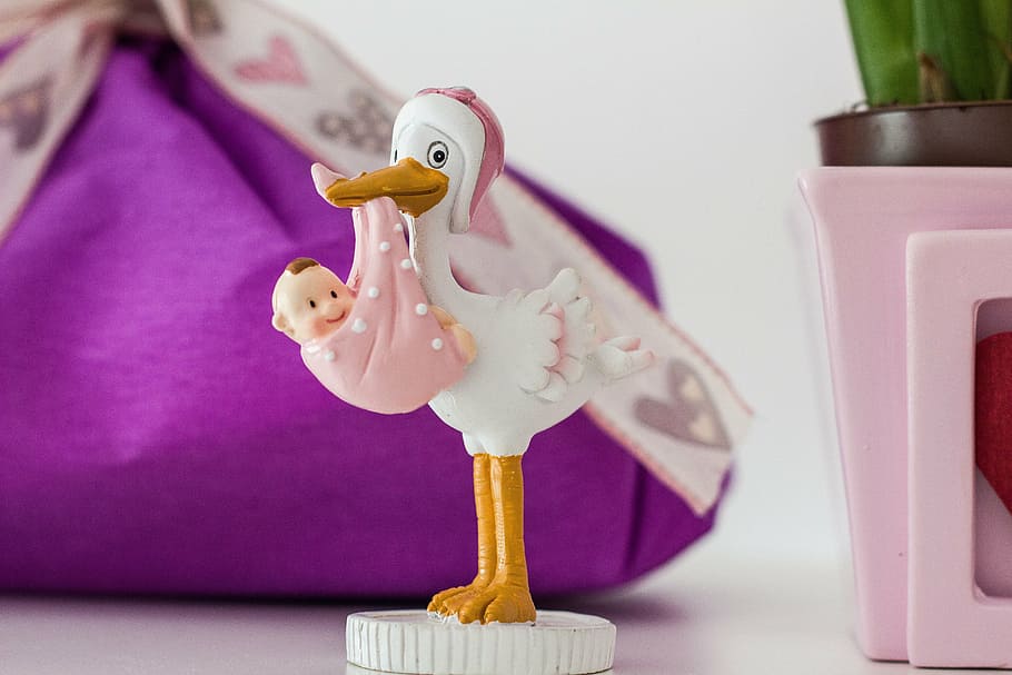 stork, baby, birth, newbie, joy, pink, toy, representation, HD wallpaper