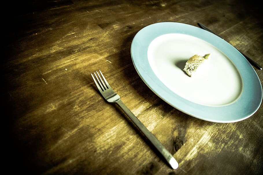 fork beside plate on table top, bread, wood, solid wood, vintage HD wallpaper