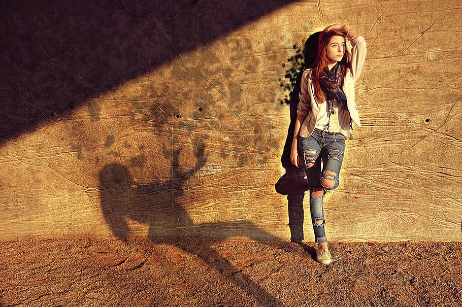woman leaning on wall, shadows, thoughts, magic, silhouette HD wallpaper