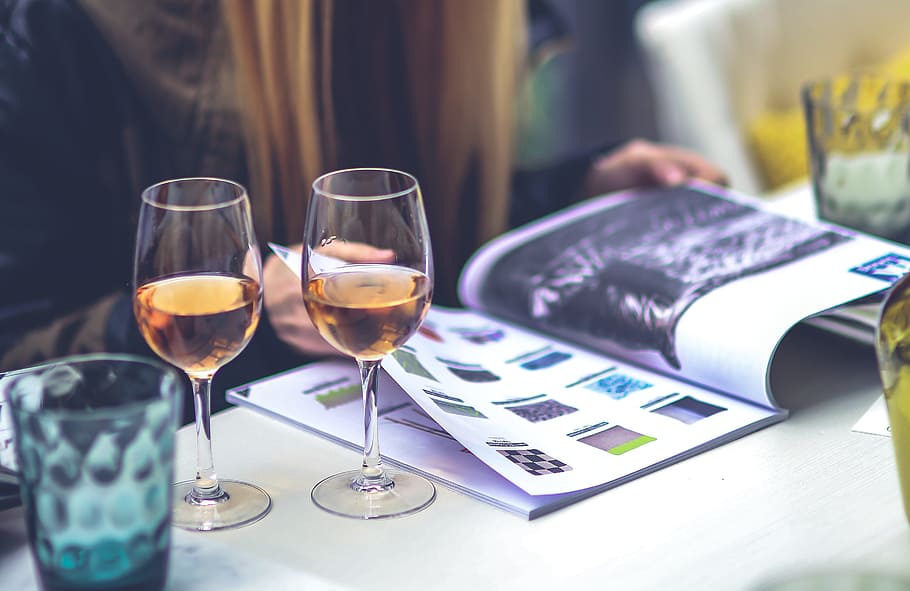 Girl, magazine, wine, catalog, drinks, reading, woman, refreshment HD wallpaper