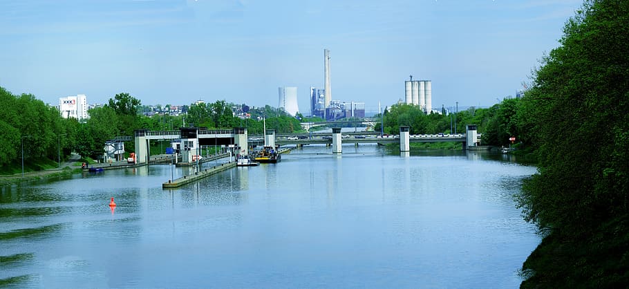 Neckar, Lock, Power Plant, Heilbronn, panorama, river, ship traffic, HD wallpaper
