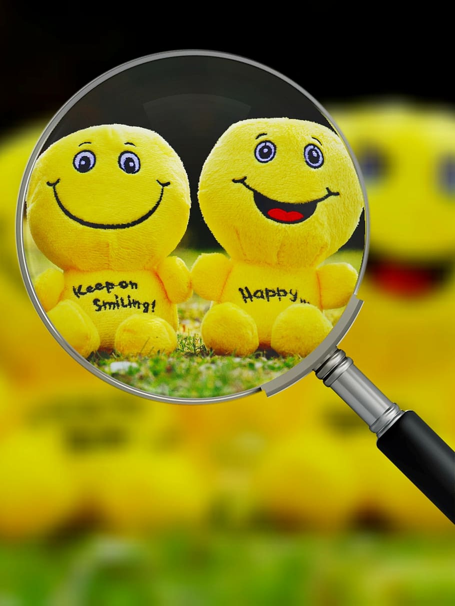 HD wallpaper: two yellow emoji plush toys in magnifying glass ...