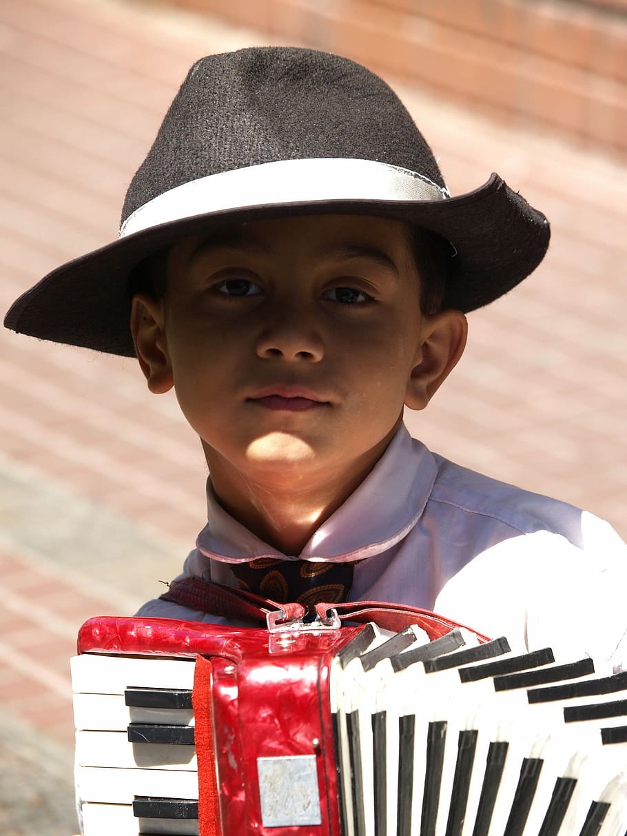 Child, Cute, Hat, Person, playing, accordion, childhood, portrait HD wallpaper