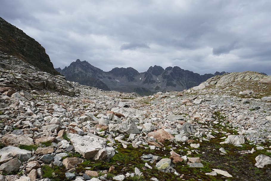 mountains, stones, nature, clouds, rock, sky, boulders, hill HD wallpaper