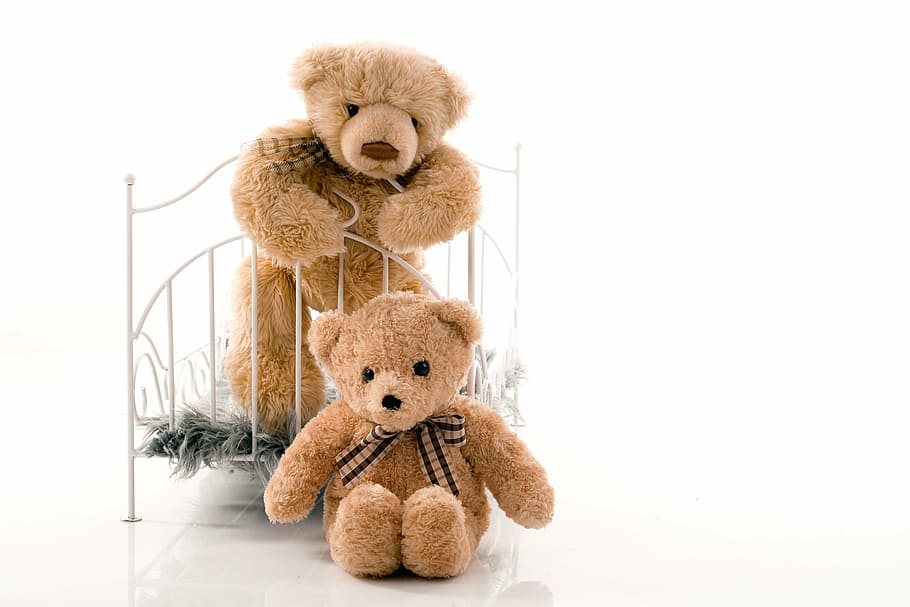 two brown teddy bears, plush, standing, sitting, bed, crib HD wallpaper