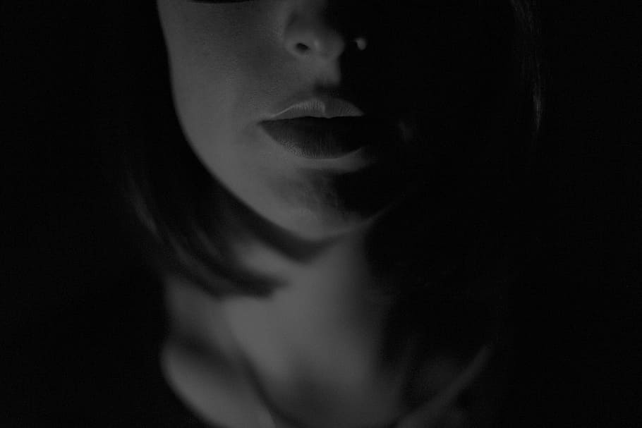 grayscale photo of woman face, mouth, lower, part, girl, lips