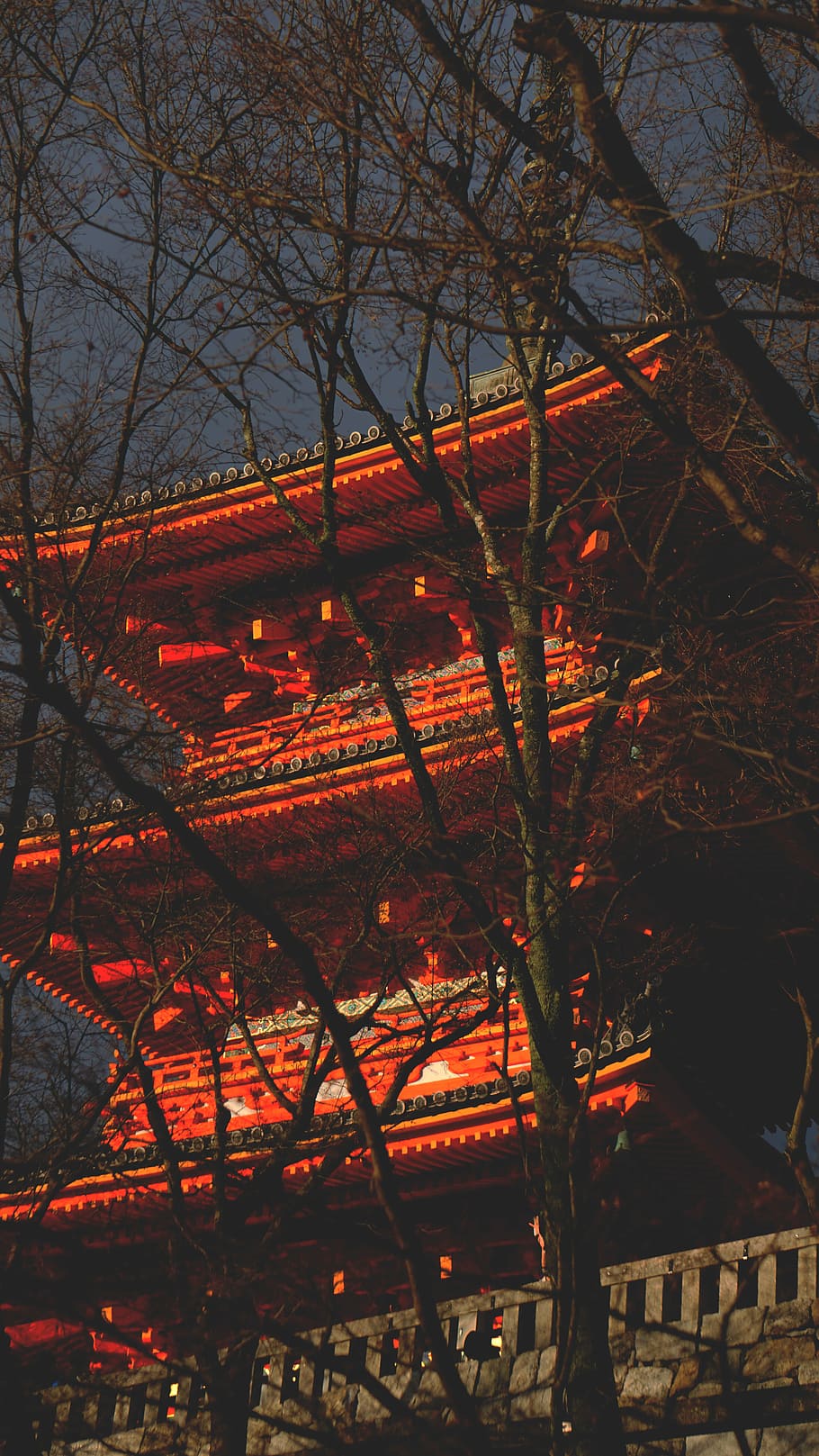 red temple surrounded by trees at nighttime, architectural photography of orange and gray gondola HD wallpaper