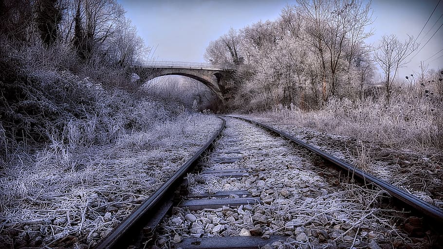 railroad tracks, wintry, arch bridge, rail transportation, direction HD wallpaper