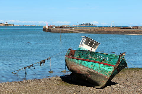 boot, ship, port, coast, fishing boat, on land, water, blue HD wallpaper