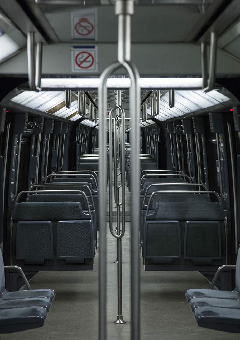 gray and black train interior set, interior view of a train, empty HD wallpaper