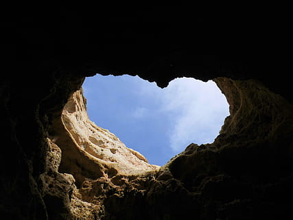 brown cave with heart shape photo, sky, romance, nature, stones HD wallpaper