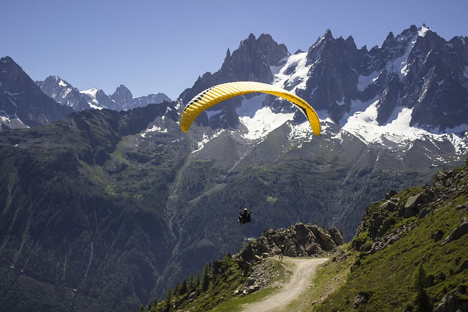 paragliding, mountains, sport, paraglider, flight, wing, summer, HD wallpaper