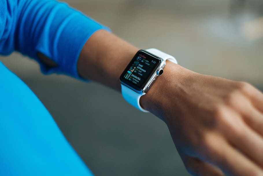 person using silver aluminum Apple Watch with white Sport Band photography, HD wallpaper
