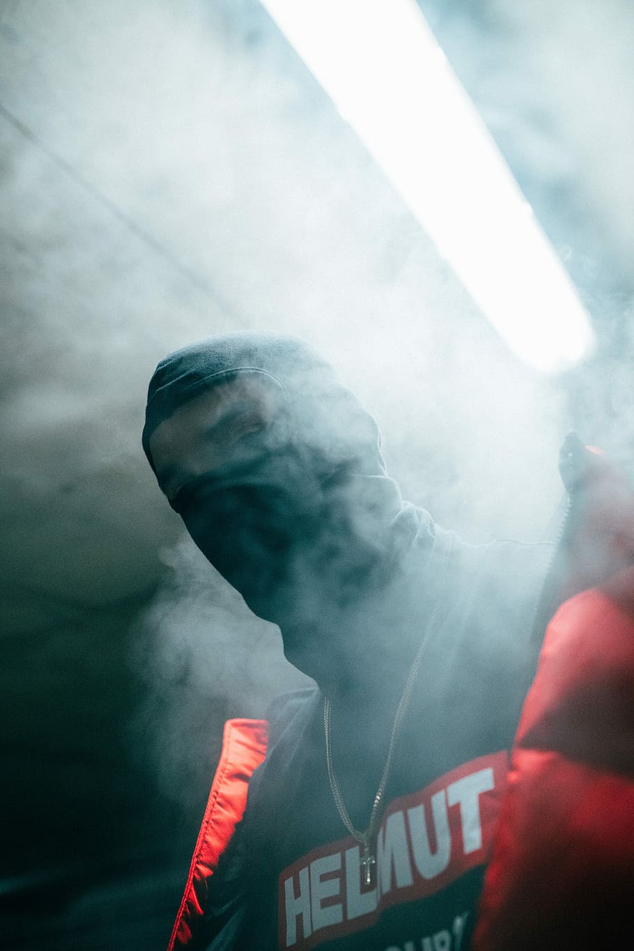 person wearing balaclava, smoke, mask, eye, neon, smoke - physical structure