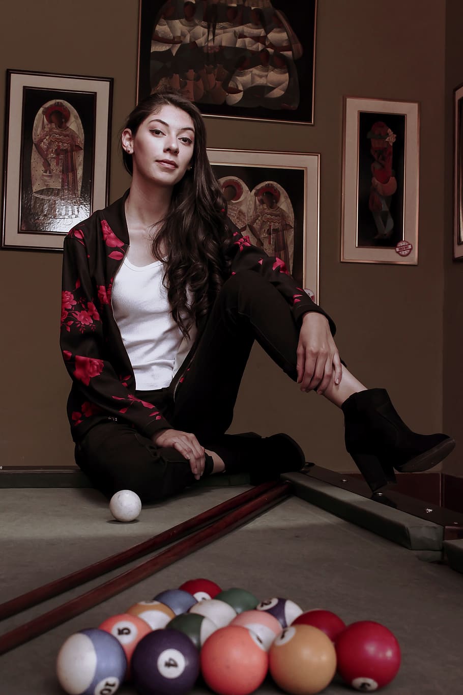 Girl, Billiards, Female, Boots, Pictures, look, pool ball, pool cue