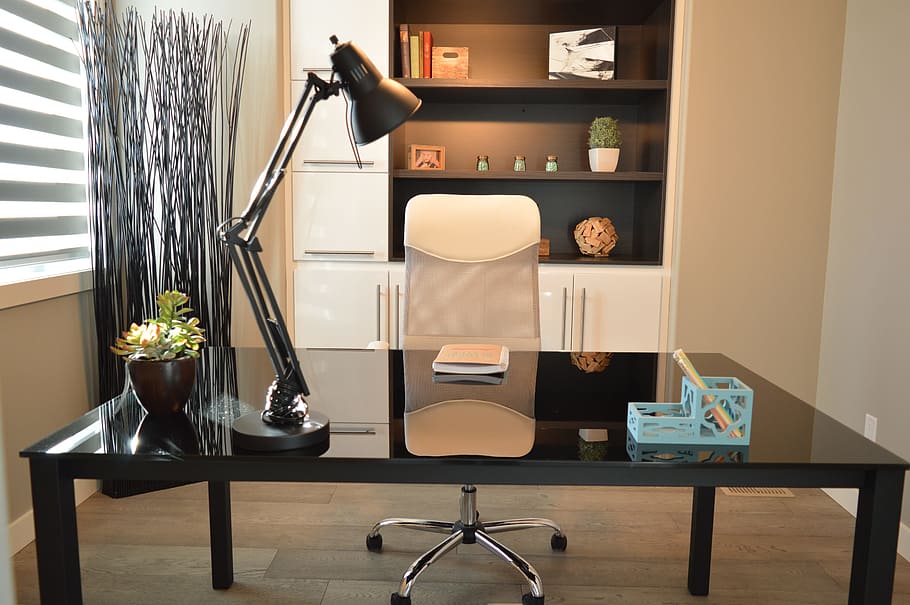 rectangular black wooden office desk set, home, house, chair, HD wallpaper