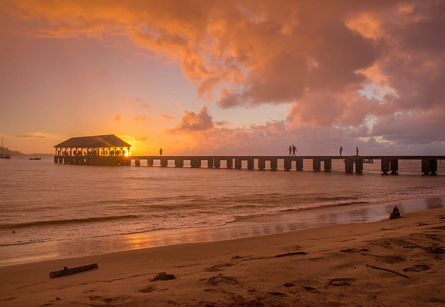 beach, dawn, dusk, ocean, pier, sand, sea, seascape, seashore HD wallpaper