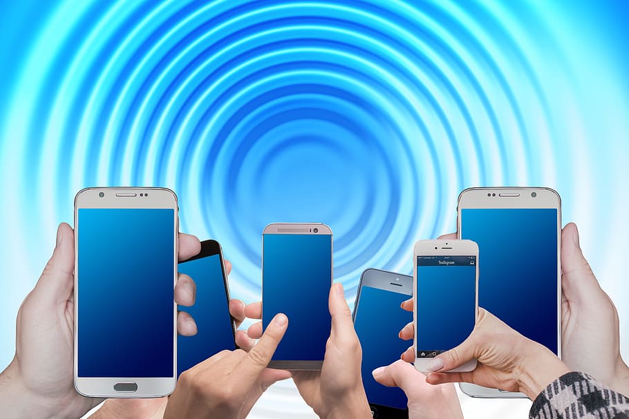 six person holding assorted smartphones digital wallpaper, digitization