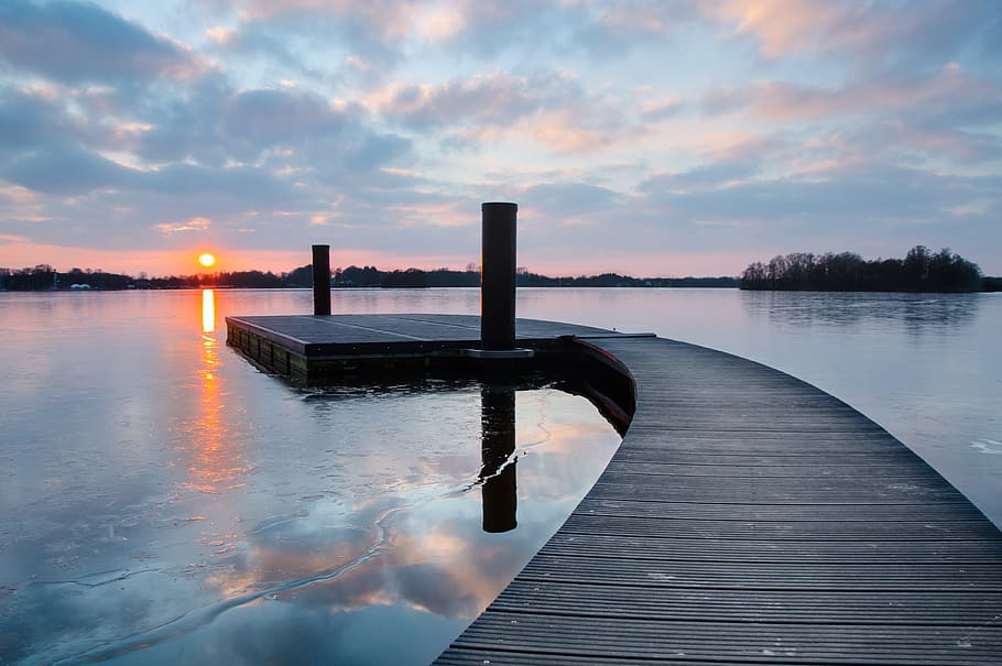 photography of brown wooden dock, sunset, ice, lake, jetty HD wallpaper