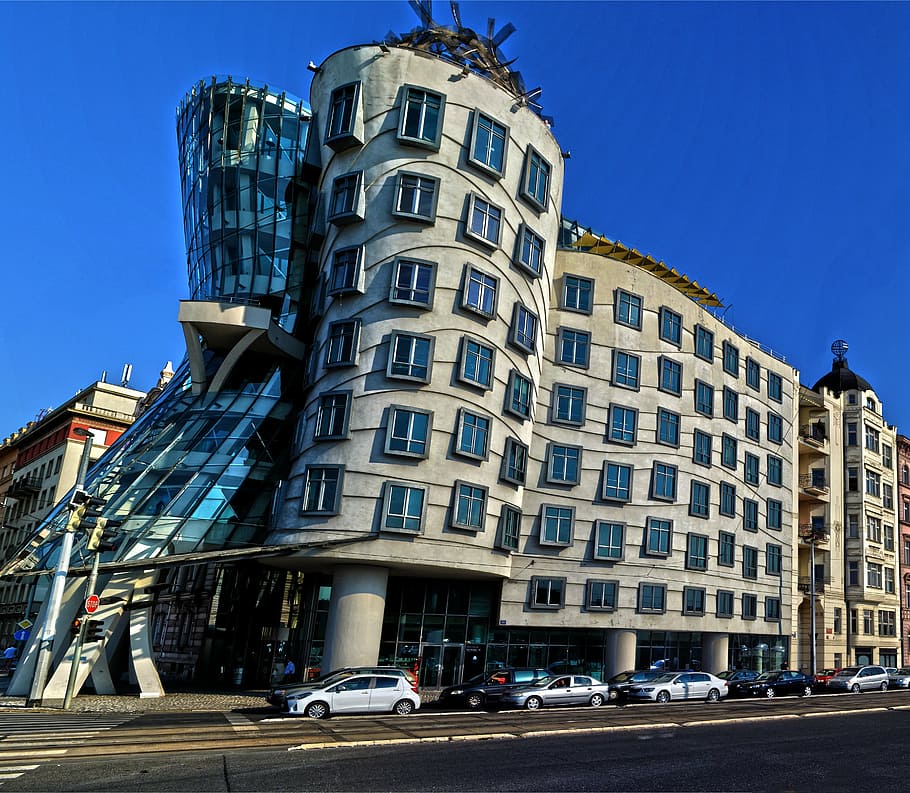 grey and black cars near brown building during daytime, the dancing house HD wallpaper