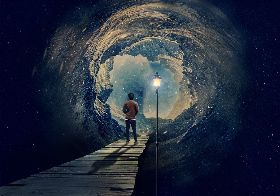 man on wooden dock painting, exploration, planet, space, ball-shaped HD wallpaper