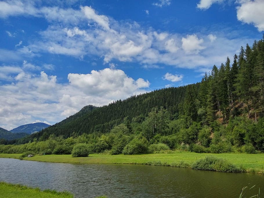 sky, clouds, blue, clouds form, landscape, forest, river, water HD wallpaper