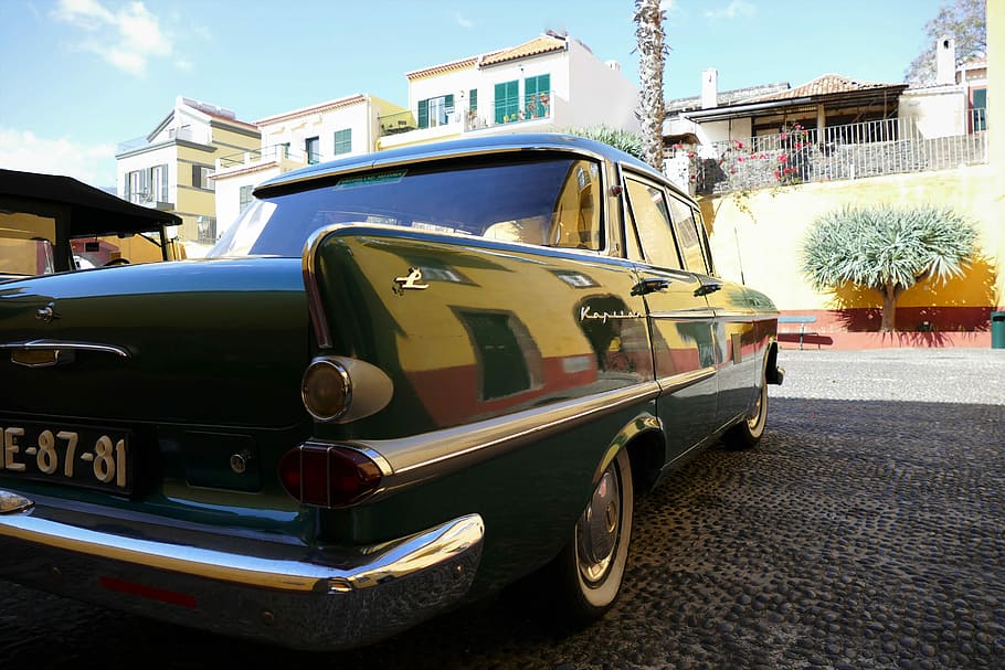 Auto, Oldtimer, Nostalgia, green, cobblestones, road, shiny HD wallpaper