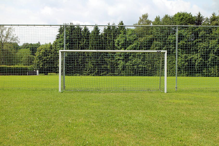 empty white metal goalie near screen fence, football, rush, football goal