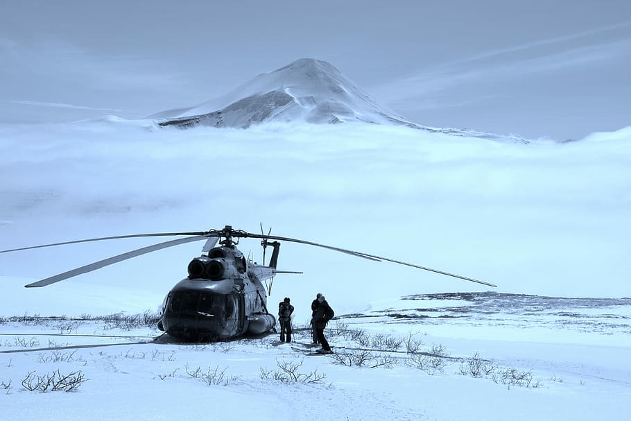 Waiting, two person walking near helicopter, mountain, peak, summit HD wallpaper