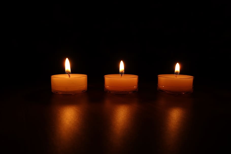 three orange candles, candlelight, wax, candlestick, wick, romance HD wallpaper