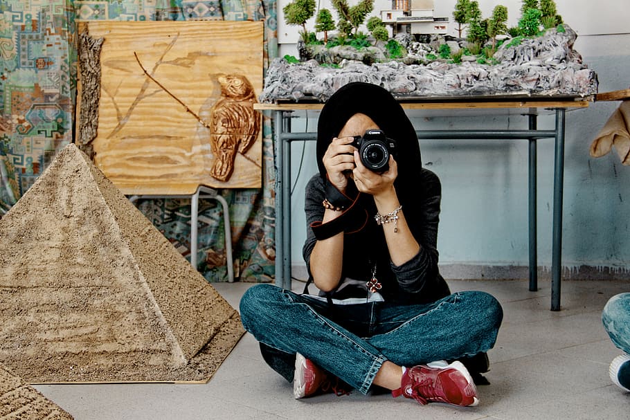 woman holding black DSLR camera, female, pyramid, architecture, HD wallpaper
