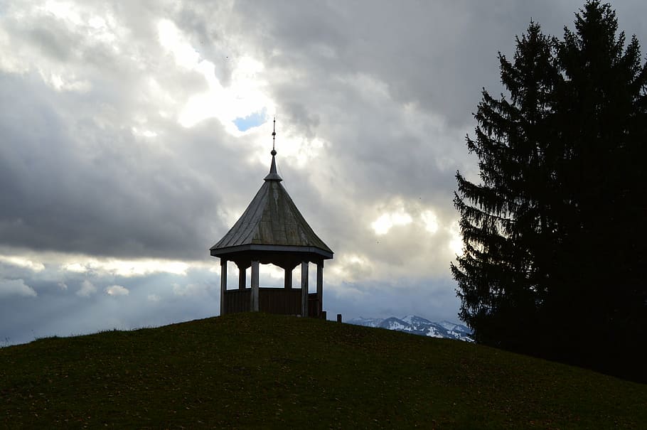 pavilion, clouds, hill, mountain, allgäu, sky, architecture HD wallpaper