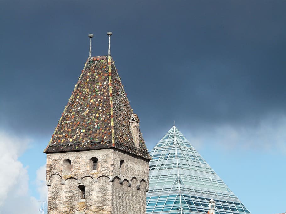 tower, building, architecture, pyramid, glass, city, sky, cloudiness HD wallpaper
