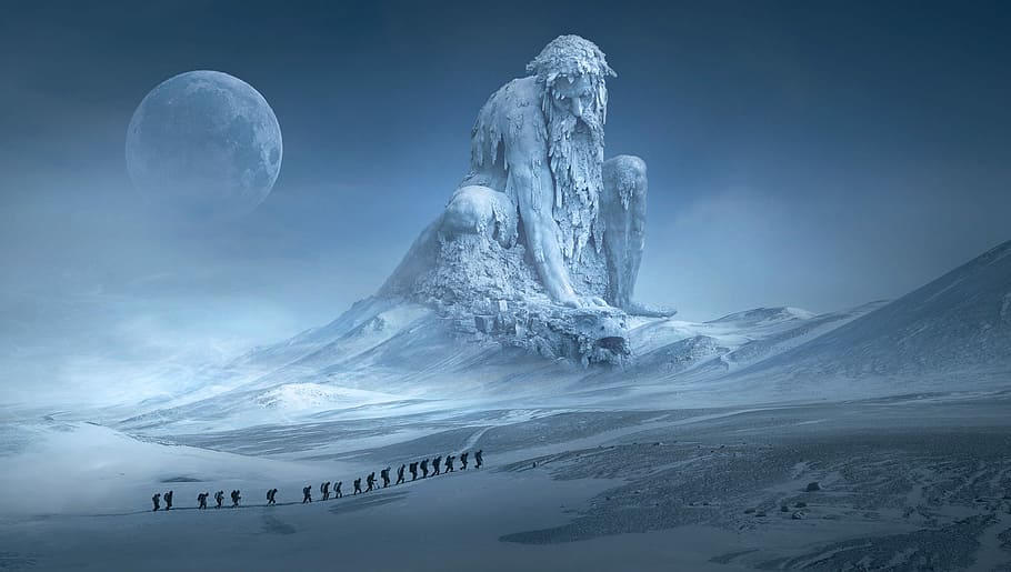 giant frozen man statue artwork, silhouette of group of people in line under full moon with bearded man mountain statue background