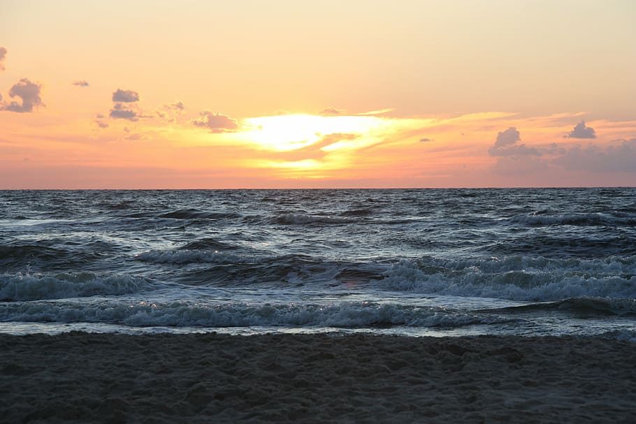 sea, sunset, water, evening, the baltic sea, the coast, beach HD wallpaper