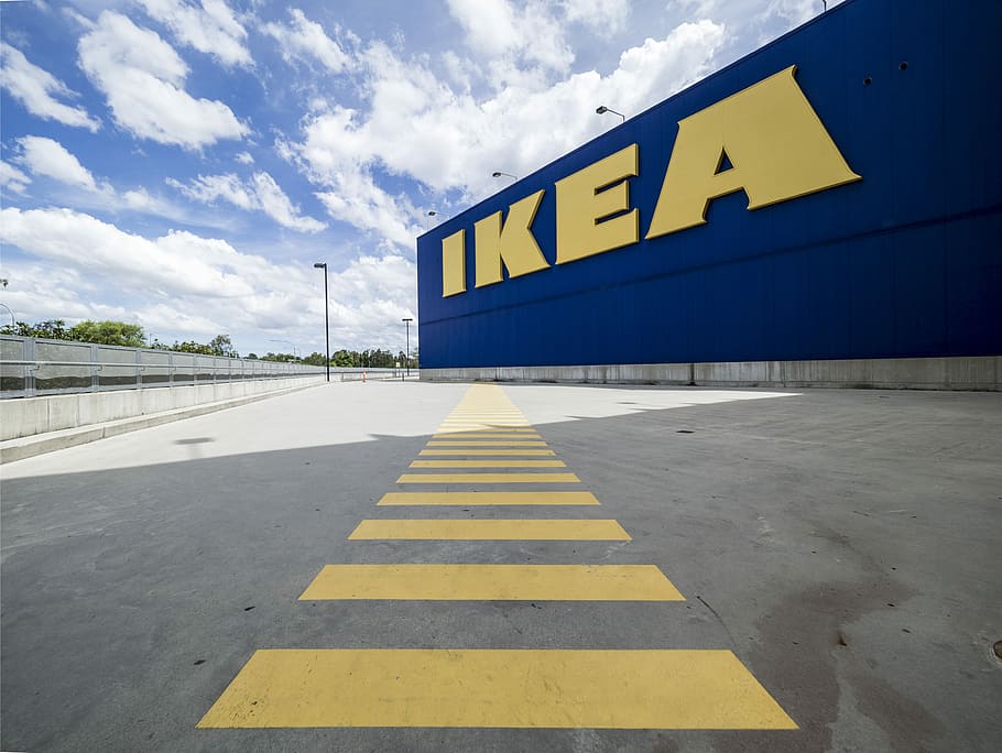 empty way with yellow line through IKEA building, Warehouse, Furniture, HD wallpaper